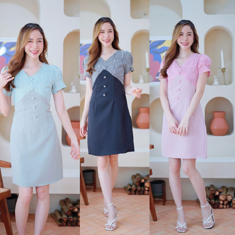 kudapy เดรสสั้นสีเขียว/สีชมพู/สีดำ สก๊อตคอวีแต่งกระดุม