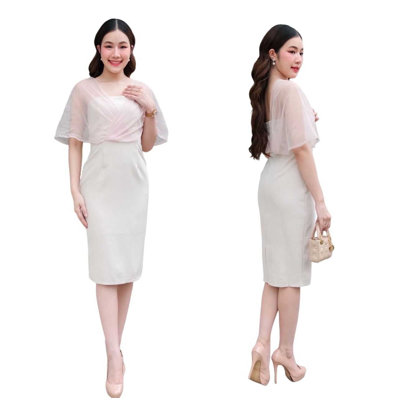 kudapy เดรสสั้นเกาะอก แต่งผ้าซีทรูคลุมไหล่ เดรสไปงาน สีน้ำเงิน/เขียวมิ้น/ ฟ้า /สีส้มอิฐ/ ครีม /ชมพู