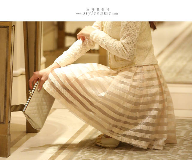 kudapy กระโปรงผ้า Organza สีครีม ทรงเอ ซิบด้านหลัง มีซับใน จับจีบรอบตัว