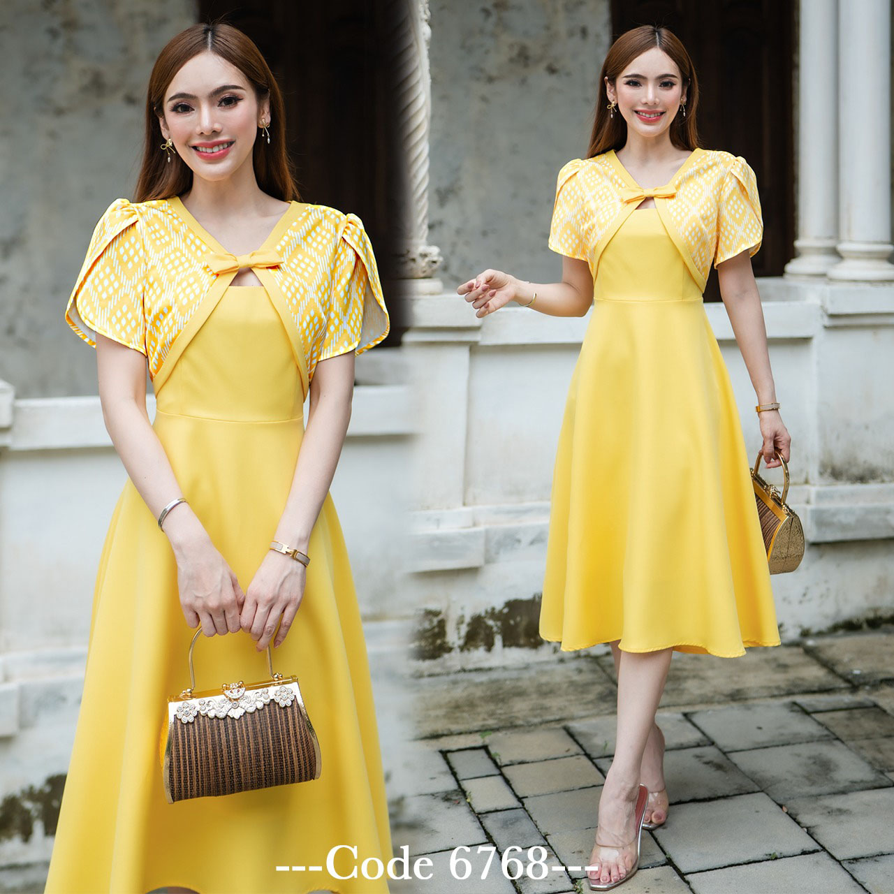 kudapy เดรสสั้นสีเหลือง ผ้าโพลีเอสเตอร์เกาหลี ตัวเสื้อเป็นคอวีแต่งโบว์ตรงอก แขนทรงทิวลิป กระโปรงทรงทวิตฟรีไซส์