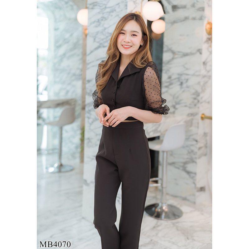 kudapy ชุดเซทเสื้อแขนยาวชีฟองสีดำ/สีครีม เข้าชุดกับการเกงขายาว ใส่สวยดูดี