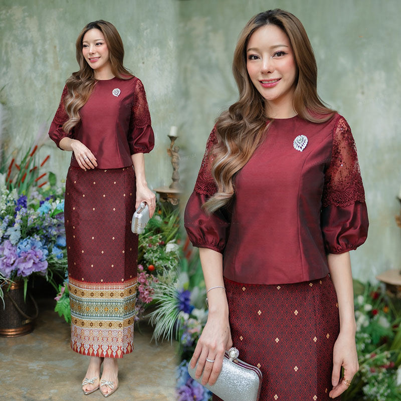 kudapy งานเสื้อผ้าไหมสี่ตะกอเส้นขีดเสื้อ+กระโปรง งานผ้าอัดกาวทั้งตัว คอกลมแขนบอดลูน (เฉพาะเสื้อ)