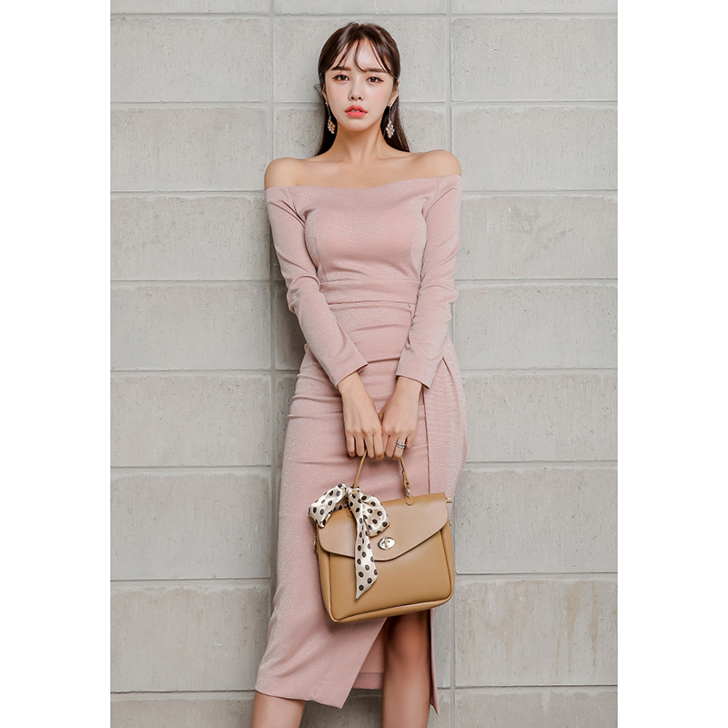 kudapy เดรสออกงานสีชมพูนู๊ด เปิดไหล่ ผ้ากำมะหยี่คอตตอน ทรงดินสอเอวปานกลาง งานตัดเย็บคุณภาพเกาหลี
