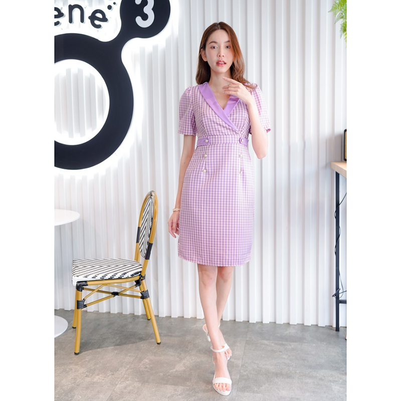 kudapy เดรสสั้นสีม่วง/สีกรม/สีชมพู คอปกสูทลายสก็อต