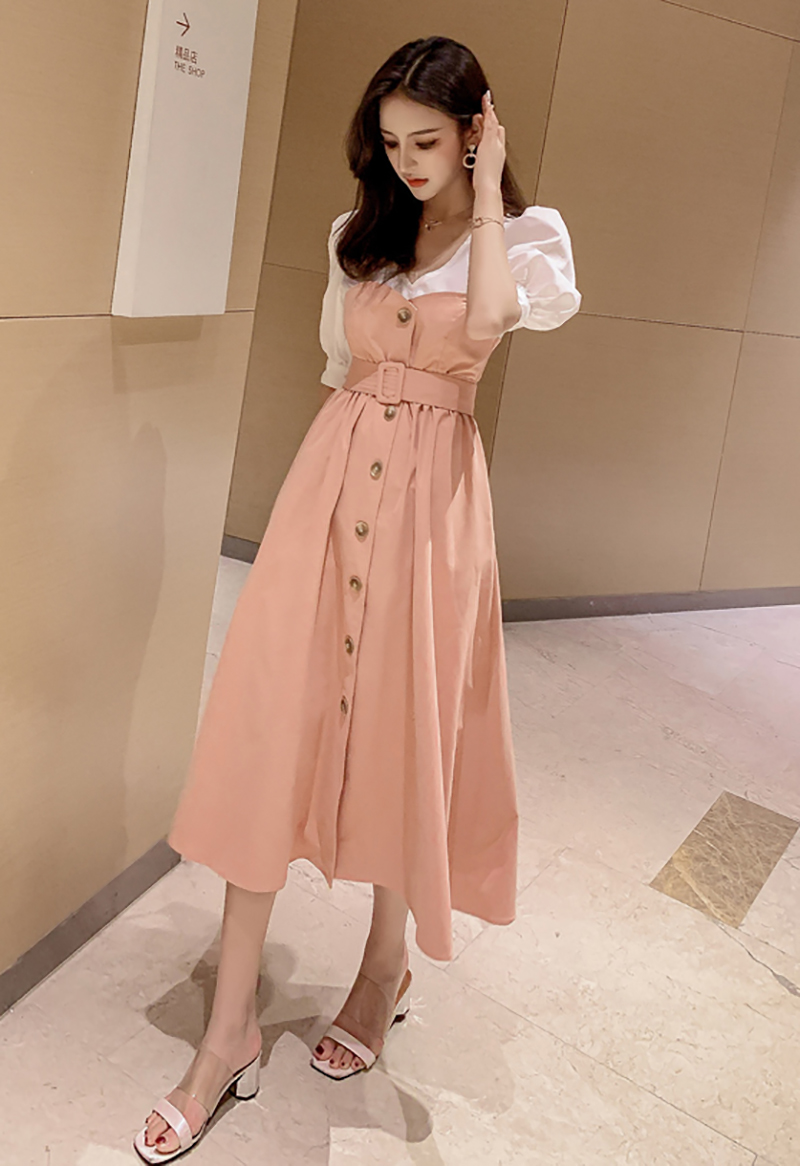 เดรสยาวคลุมเข่าสีชมพู ผ้าคอตตอนเนื้อดี ดีไซน์ตัดเย็บเหมือนใส่ 2 ชิ้น M