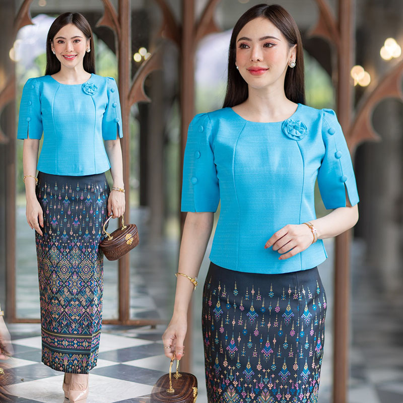 kudapy เสื้อสีขาว/สีฟ้า/สีชาไทย งานผ้าไหมฝรั่งเศสสีพื้น อัดกาวให้ทั้งตัว ทรงสวยตามแบบ (เฉพาะเสื้อ)