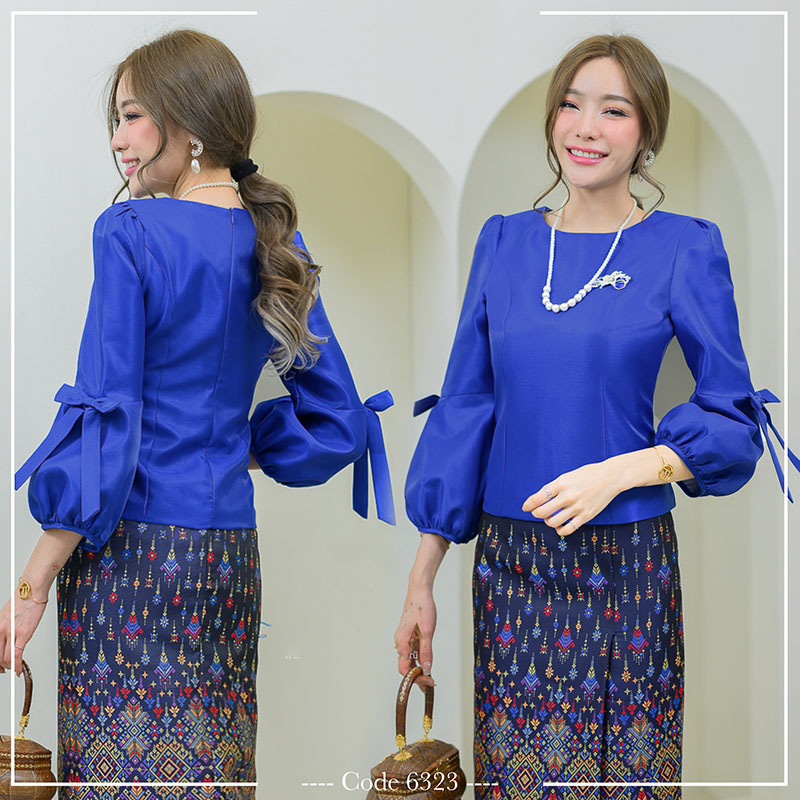 kudapy เสื้อผ้าไหมจิตรลดาสีครีม เทา น้ำเงิน งานแขนบอลลูนแต่งโปบว์ตัวเสื้ออัดกาวทั้งตัว และมีซับในให้ มาพร้อมชิปซ่อนหลังใส่สบาย