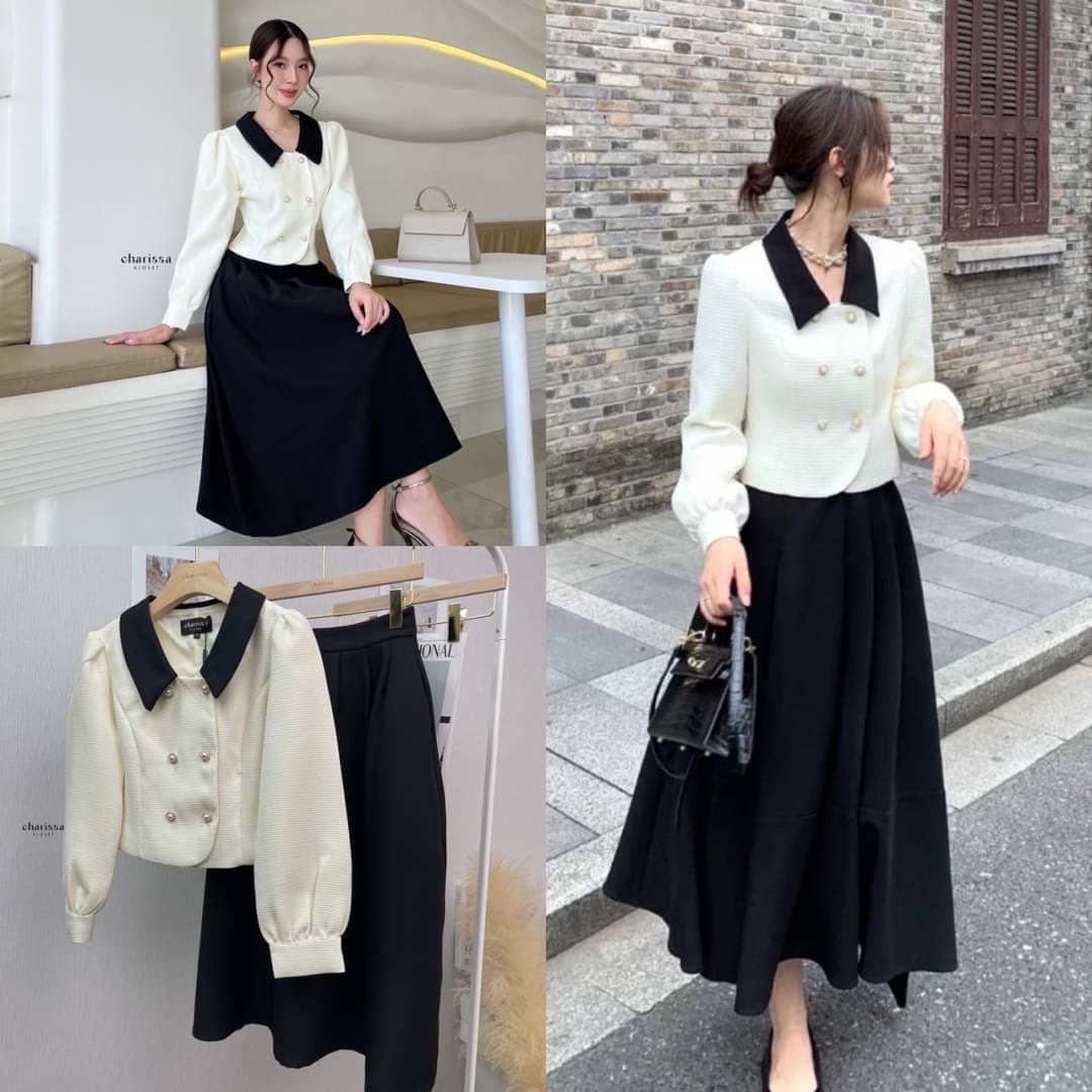 kudapy เซ็ทเสื้อครอปสีครีมแต่งปกสีดำ+กระโปรงยาวจับจีบใหญ่เอวสูงทรงเข้ารูป