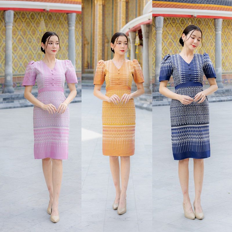 kudapy เดรสสั้นสีกรม/สีชมพู/สีเหลือง ผ้าทอไทยประยุกต์ งดงามแบบฉบับหญิงไทยสมัยใหม่ ดูน่ามอง คอวี ทรงสวย เรียบร้อย สีละมุน