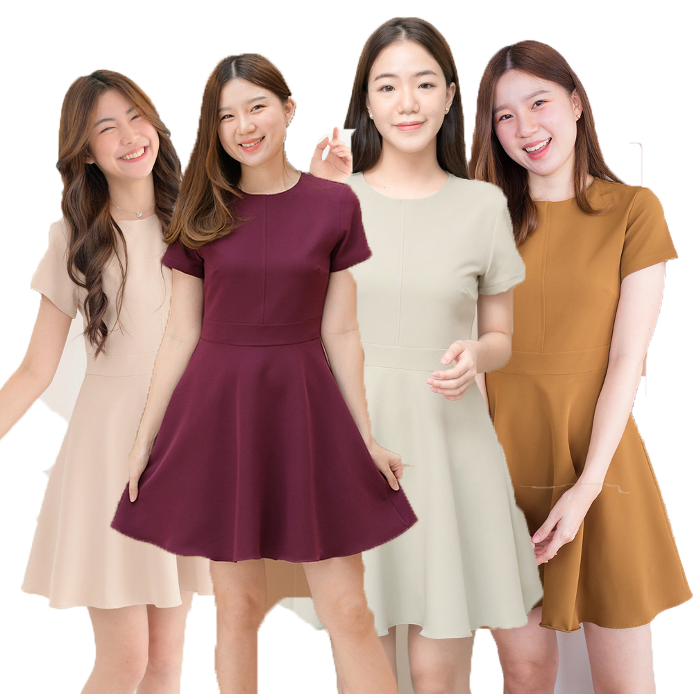 kudapy เดรสแขนสั้นสีแดงเข้ม,น้ำตาลม่่วง,มัสตาร์ท,เขียวมัทฉะ,นูทครีม,ดำ,ฟ้าทะเล กระโปรงทรงวงกลม ตัดต่อกลางตัวเสื้อและเอว เพิ่มดีไซน์เรียบๆดูดี แต่ไมเยอะ เนื้อผ้ามีน้ำหนัก