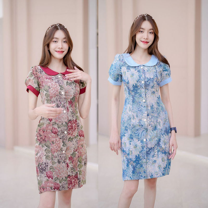kudapy เดรสสั้นสีแดง/สีฟ้า คอบัวลูกไม้ผ้าทอ