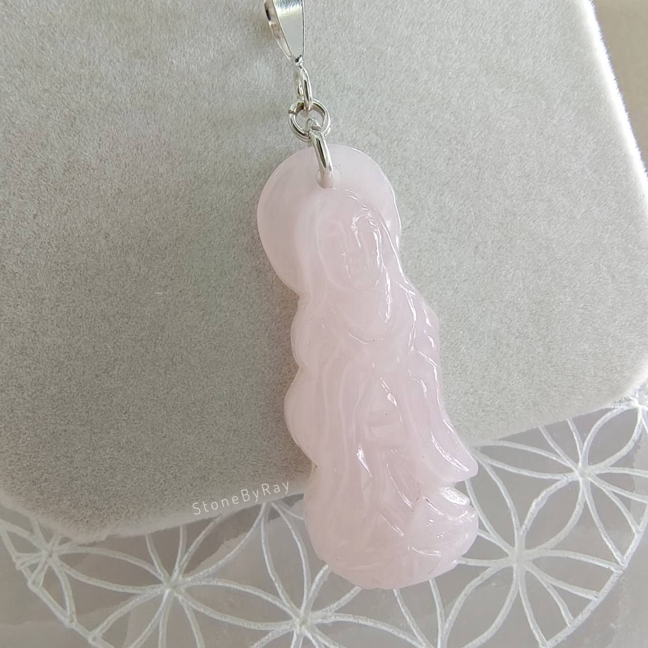 สร้อยคอเงิน+จี้หินโรสควอตซ์แกะสลักเจ้าแม่กวนอิม Rose Quartz