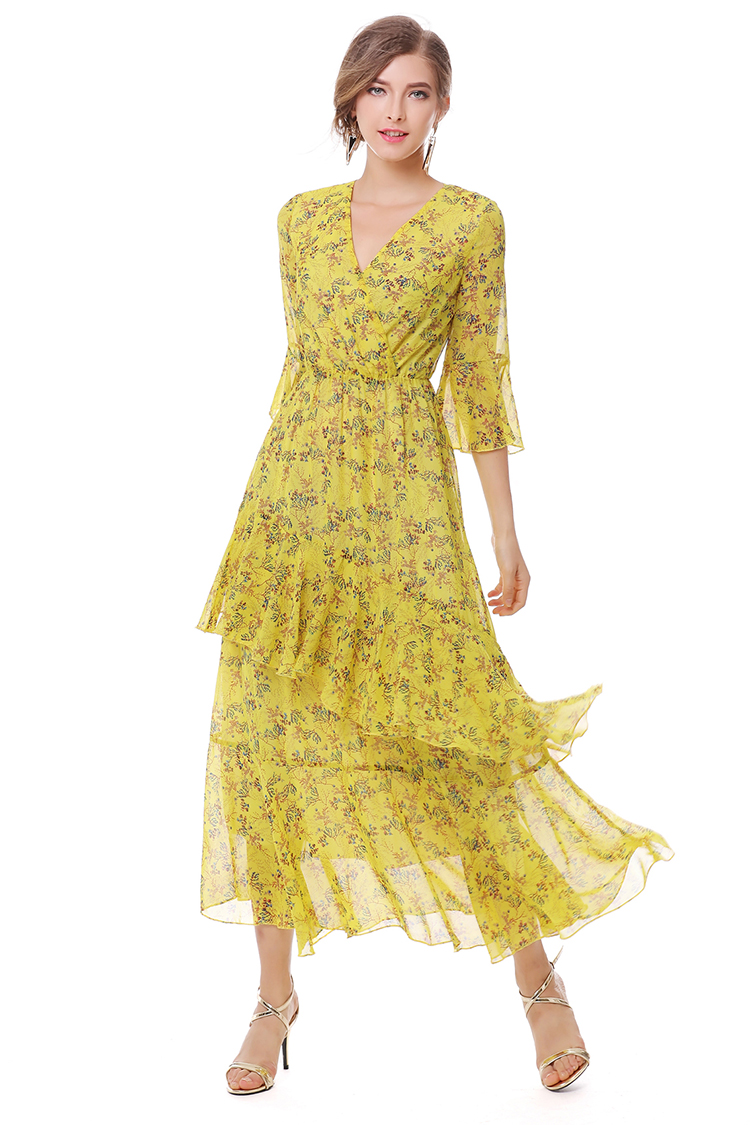 เดรสยาวคอวีผ้าชีฟองแต่งระบายสีเหลืองพิมพ์ลายดอก สไตล์โบฮีเมียนใส่ไปทะเลหรือใส่ไปงานได้ค่ะ M L