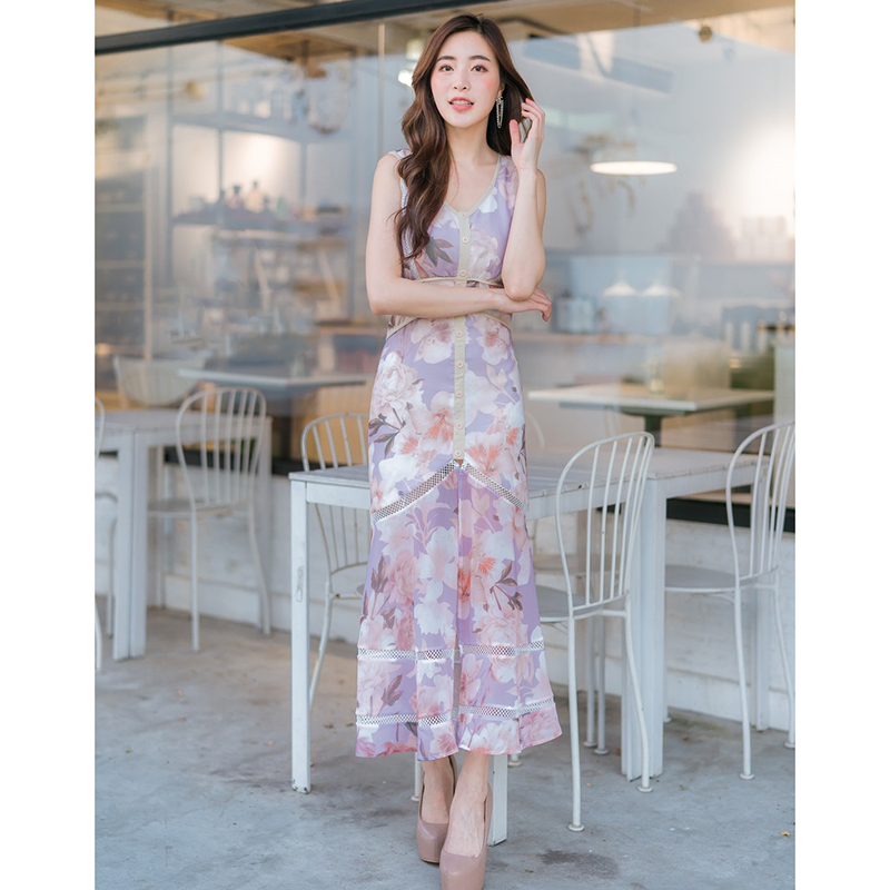 kudapy เดรสยาวสีม่วง แขนกุดพิมพ์ลายดอกซากุระ กระโปรงผ่าหน้า ผ้าชีฟองแต่งลายดอก XL 2XL