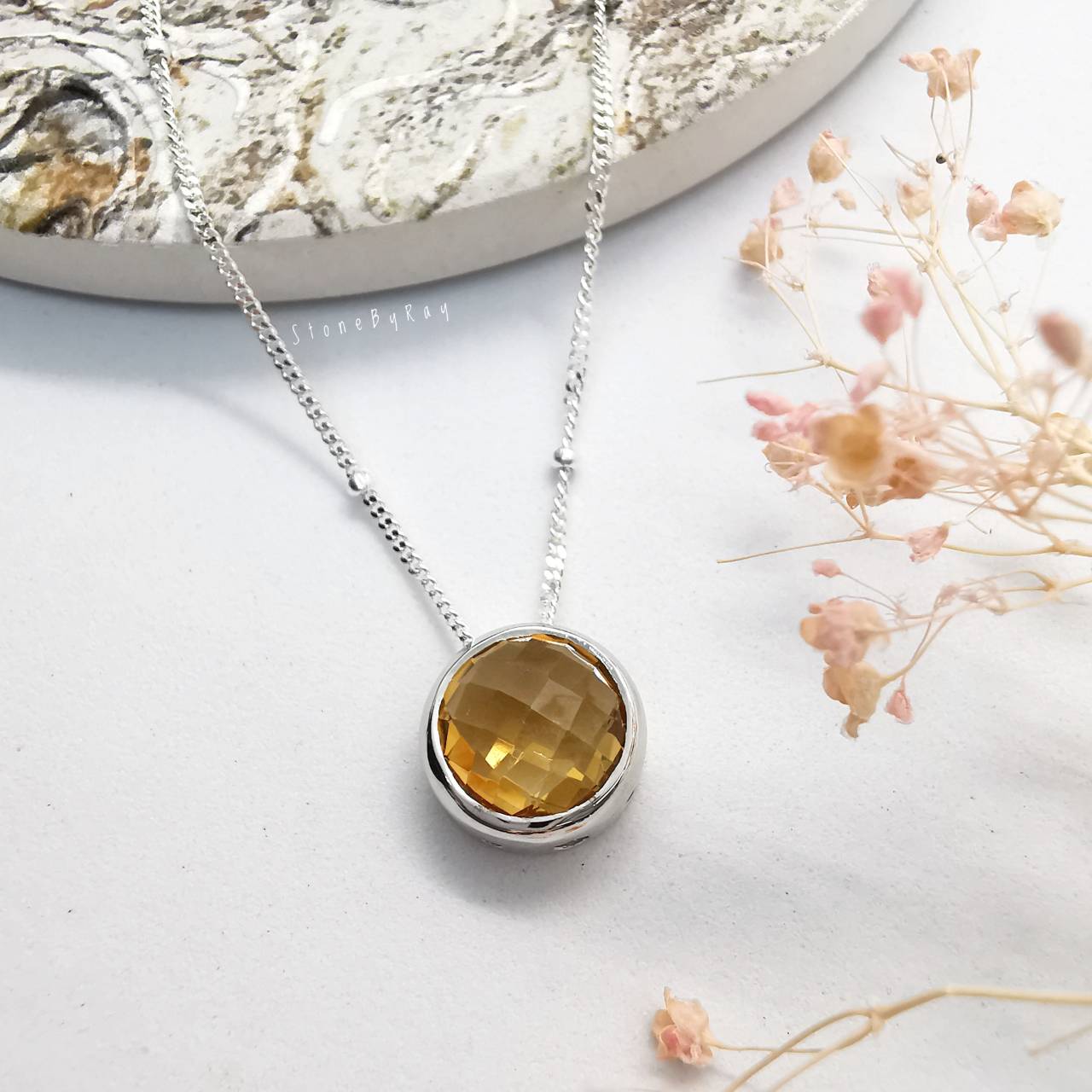 สร้อยคอเงินจี้พลอยซิทรินเจียรเหลี่ยม(Citrine)
