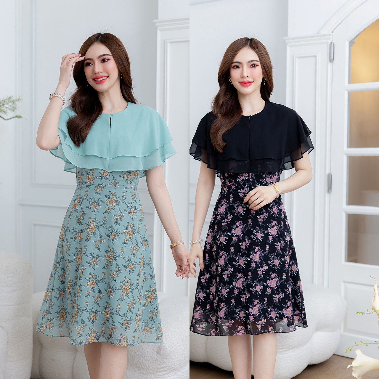 kudapy เดรสสั้นสีดำ/สีเขียว ผ้าชีฟอง ระบายสองชั้น ลายใหม่แพทเทิร์นยอดฮิต สวยพริ้ว ตัวเดรสเป็นชีฟองลายดอกสวย ตัดกับชีฟองสีพื้น