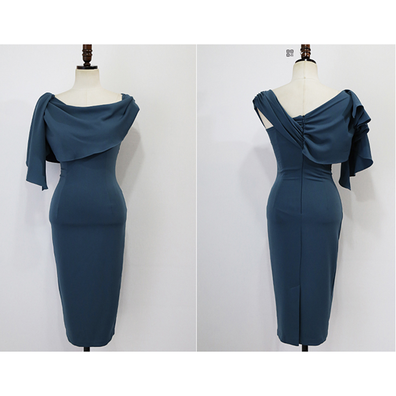 kudapy เดรสออกงานสีน้ำเงินเข้ม ผ้าโพลีเอสเตอร์ทิ้งตัว ทรงดินสอเอวสูง ซิปซ่อนหลัง สวยเหมือนแบบ