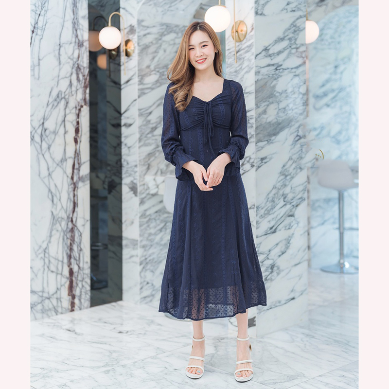 kudapy เดรสยาวสีกรม/สีขาว/สีชมพู แขนยาวลูกไม้ซีทรู สวยดูดีใส่สบายตัว