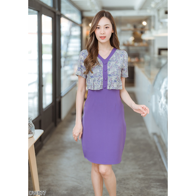 kudapy เดรสสั้นสีเขียว/สีชมพู/สีม่วง เดรสใส่ทำงานท่อนบนลายดอกมีกระดุมกลางอก