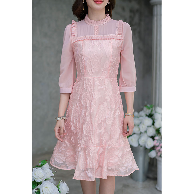 kudapy เดรสสั้นสีโอรส/สีเขียวพาสเทล ผ้าสไตล์ญี่ปุ่นมีเทคเจอร์ลายดอก จับจีบรอบคอ