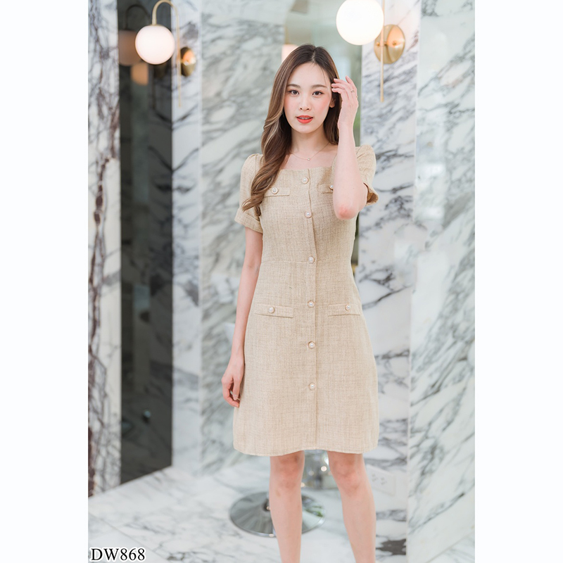 kudapy เดรสสั้นคอลึกสีน้ำตาล/สีชมพู/สีเขียว ทำงานทรงเอคอเหลี่ยมมีกระดุมกลางอก