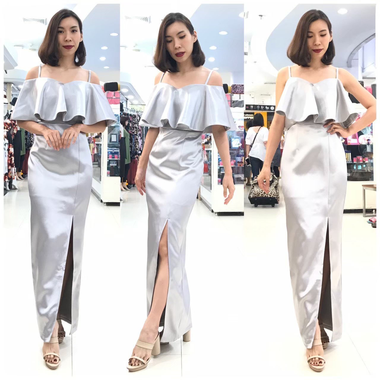 kudapy เดรสยาวออกงาน สายเดี่ยว เปิดบ่าระบาย พรางอก จะสาวอกเล็กหรืออกใหญ่ใส่สวย กระโปรงผ่าหน้า เนื้อผ้าดัขเชสอัดกาว สวยเงา วาวอยู่ทรง