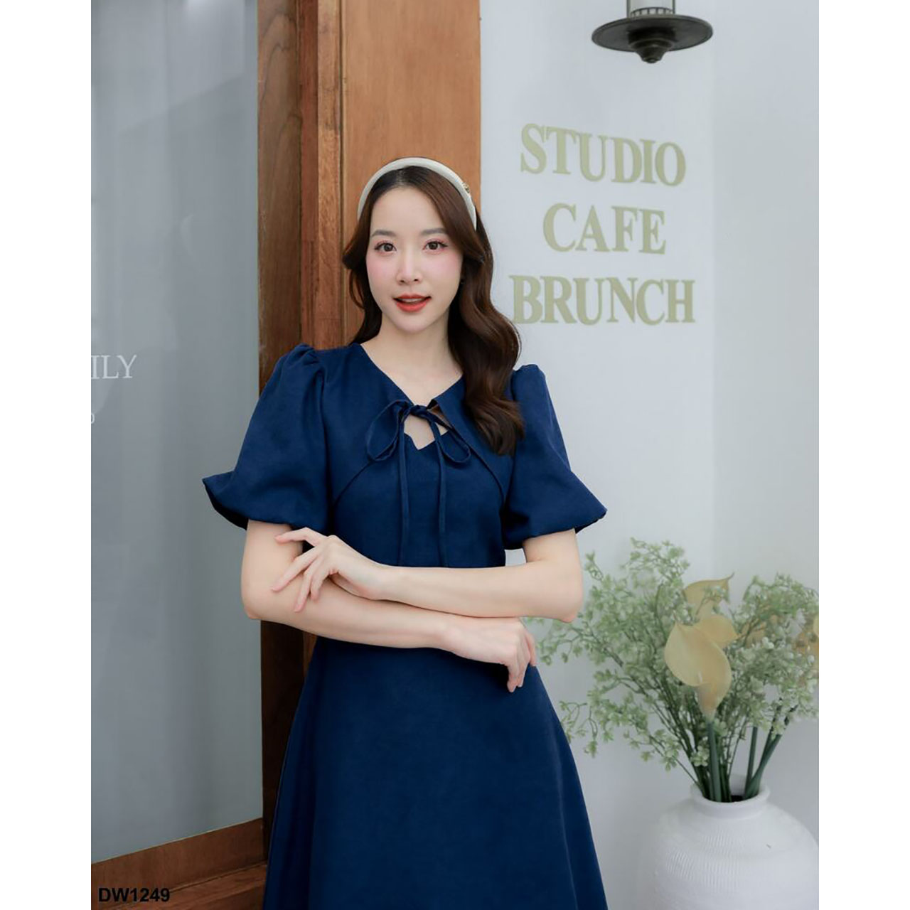 kudapy เดรสสั้นสีเหลือง/สีชมพู/สีกรม แขนตุ๊กตาผูกโบว์กระโปรงบาน ใส่สบายสวยดูดี