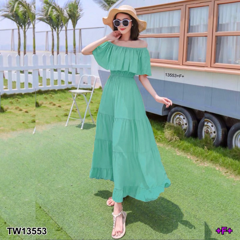 kudapy Maxi Dress เดรสยาว เปิดไหล่ แขนระบาย ยางยืดเอวรอบ เนื้อผ้าอิตาลี่