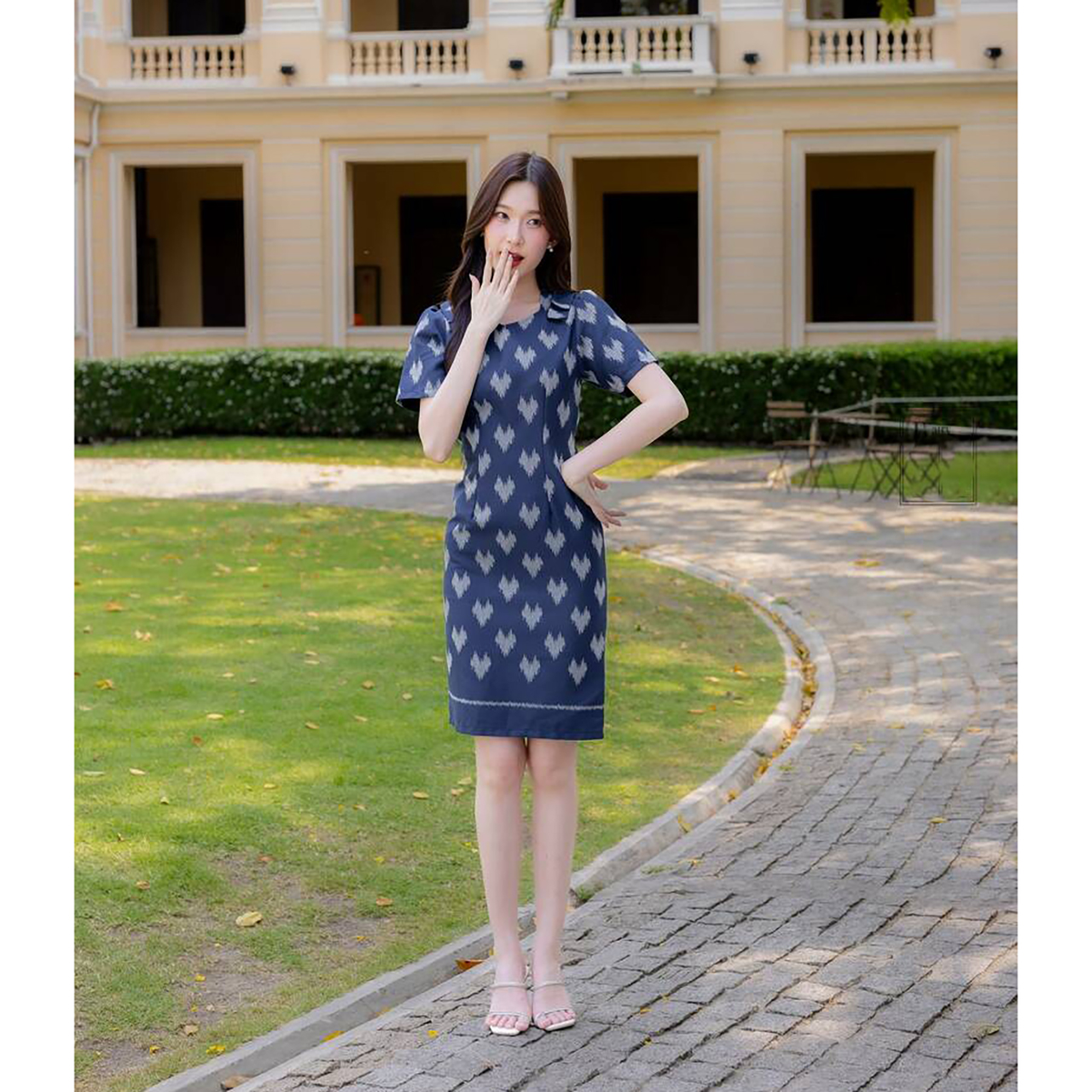 kudapy เดรสสั้นสีชมพู/สีกรม ผ้าไทยลายหัวใจ ใส่ทำงาน ใส่ออกงานสวยดูดี