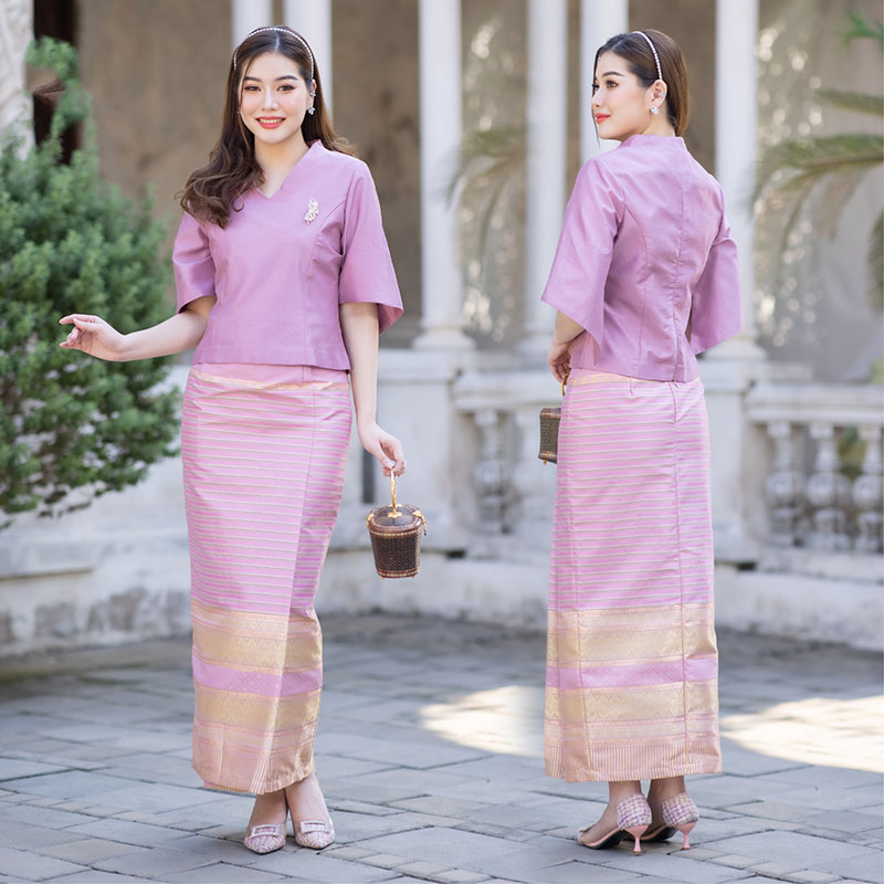 kudapy ชุเซ็ทเสื้อผ้าไหมแพรทิพย์เกรดพรีเมี่ยมอัดกาว ผ้าถุงเย็บสำเร็จทอลายอัดกาว ตะขอซิปหลัง