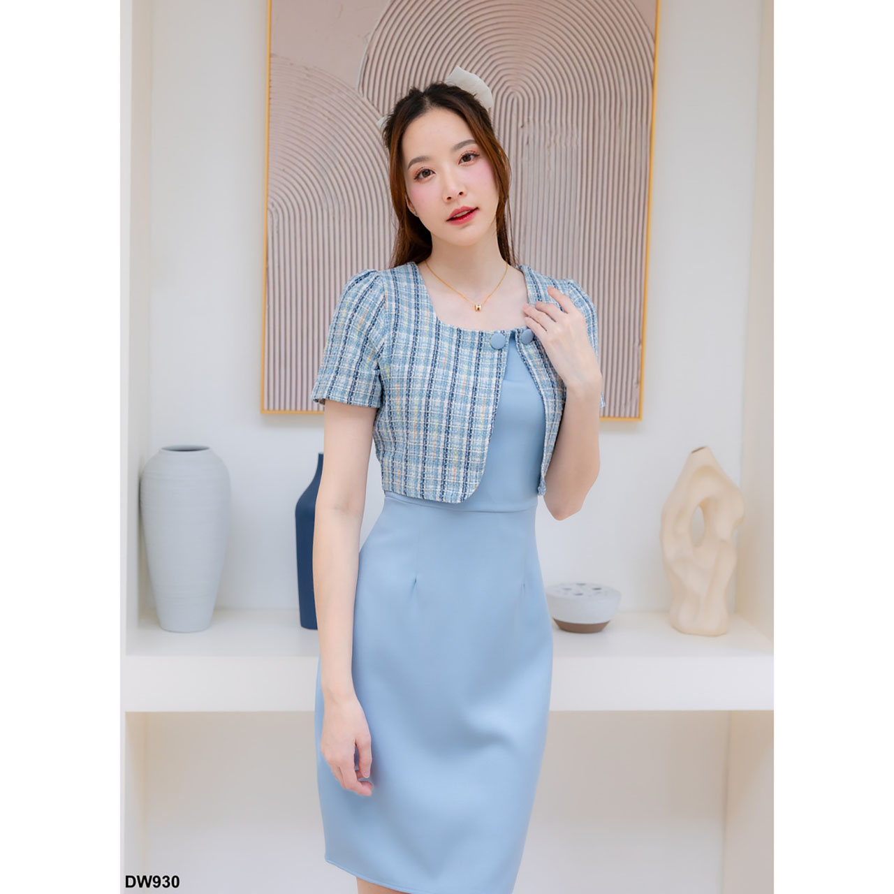 kudapy เดรสสั้นสีฟ้า/สีชมพุ/สีครีม ผ้าทอลายสก๊อตกระโปรงสีพื้น