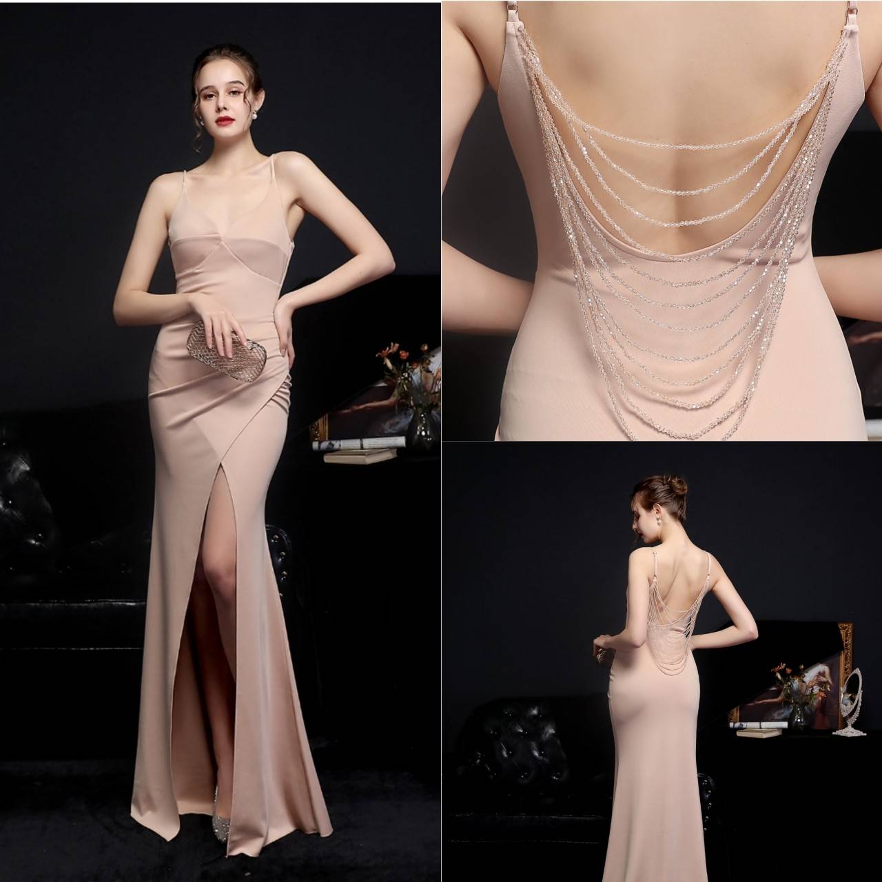 kudapy ชุดราตรียาวสายเดี่ยวเปิดหลัง สีแดง,ขาว,ดำ,ครีมทอง เดรสผ่าข้างจีบเอว ทรงเข้ารูป งานสวยจริงค่ะผ่าข้างตามแบบ