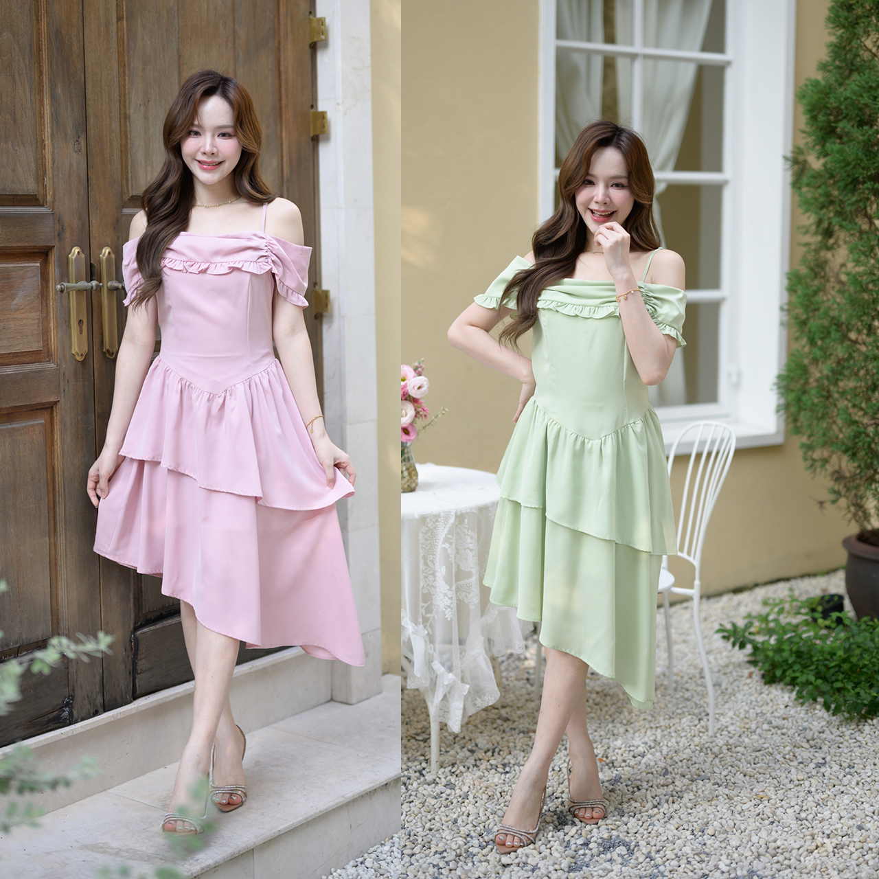 kudapy เดรสสายเดี่ยวเปิดไหล่ที่ออกแบบมาเพื่อเติมความละมุน ช่วงเสื้อมีดีเทลจับเดรปช่วงอก แต่งระบาย