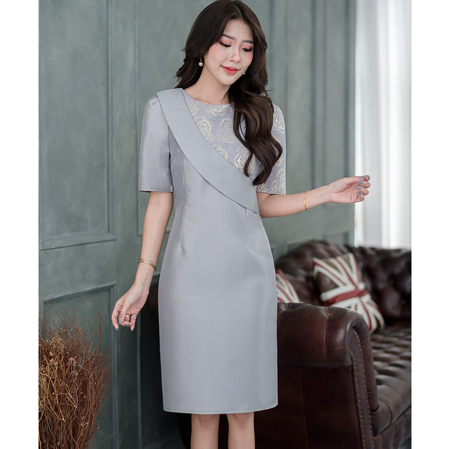 kudapy เดรสผ้าไหมญี่ปุ่นสีชมพูโอรส,สีเทา เดรสคอกลม แขนสั้น แต่งสายพาดบ่าแบบนางงาม ทรงตรง ตีเกร็ดหน้าหลังแขนสั้นทรงใส่ง่าย