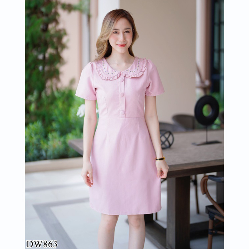 kudapy เดรสสั้นคอปกสีฟ้า/สีชมพู/สีเหลือง ใส่ทำงานผ้าลูกฟูกมีกระดุมกลางอกสวยดูดีคุณหนู