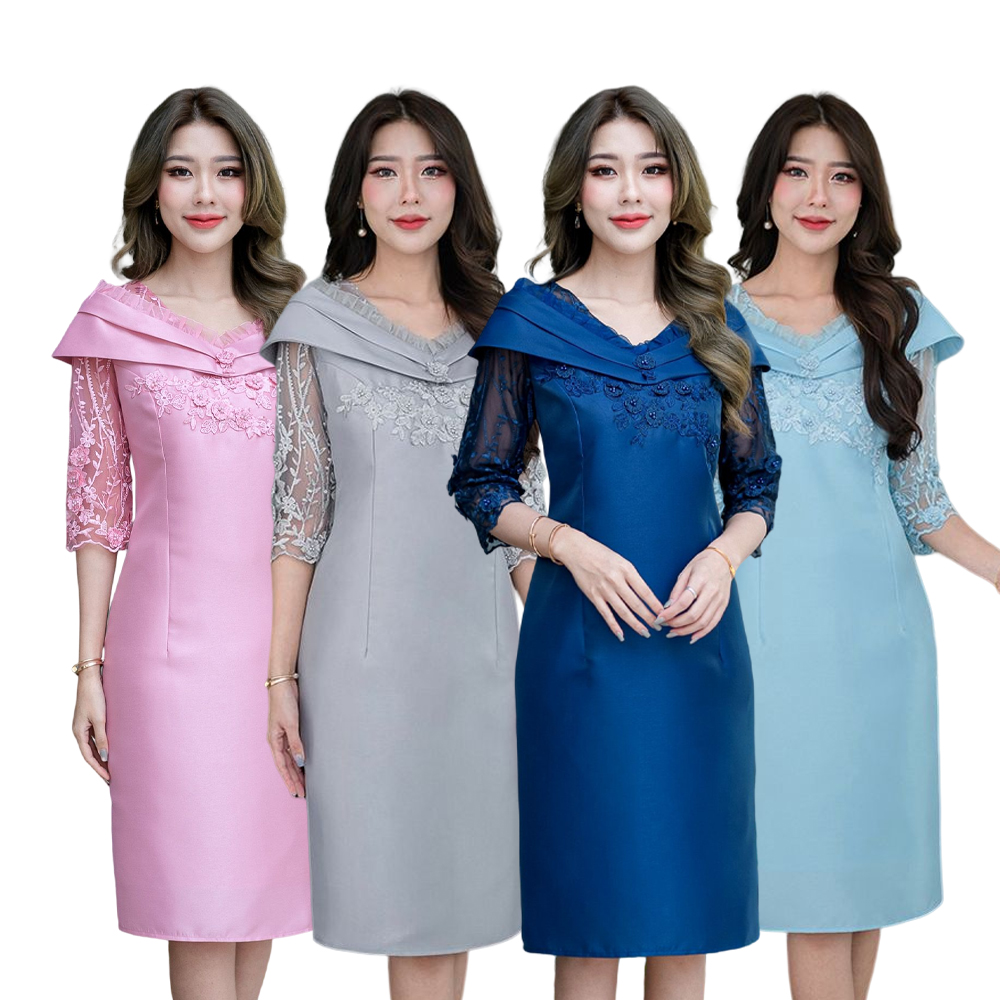 kudapy เดรสสั้นผ้าไหมญี่ปุ่นสีเทา,สีฟ้าสด/สีชมพู/สีน้ำเงินกรมท่า คอวี ทรงเอ มีซับใน ซิบหลัง