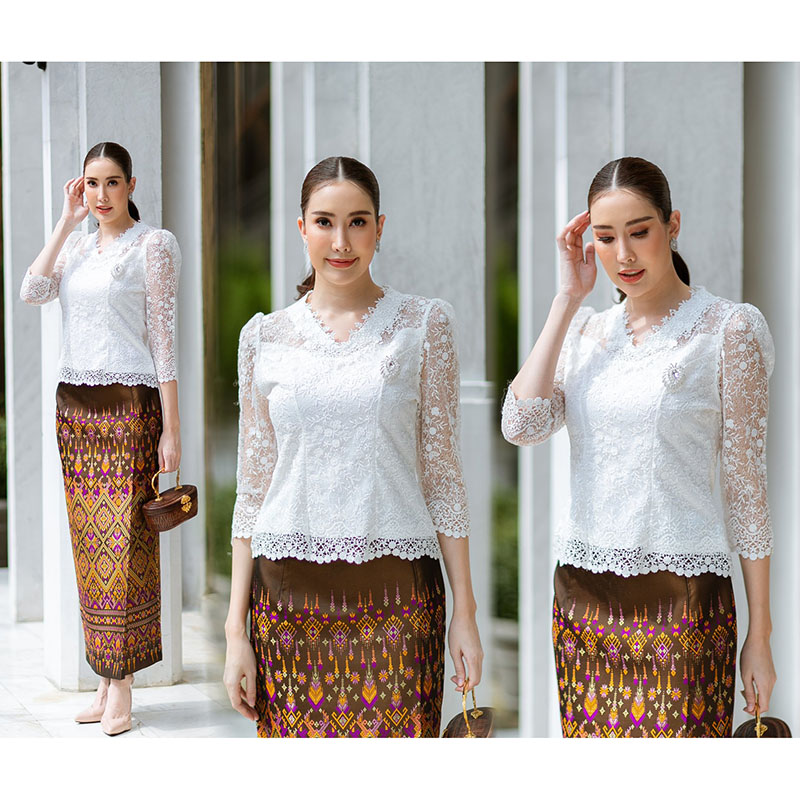 kudapy เสื้อใช้ผ้าลูกไม้สีน้ำตาลทอง/สีขาว/สีม่วง เนื้อดีทอลายแน่นทั้งตัว พร้อมซับในเนื้อดีในตัว มีซิปหลังสวมใส่ง่าย (เฉพาะเสื่อ)