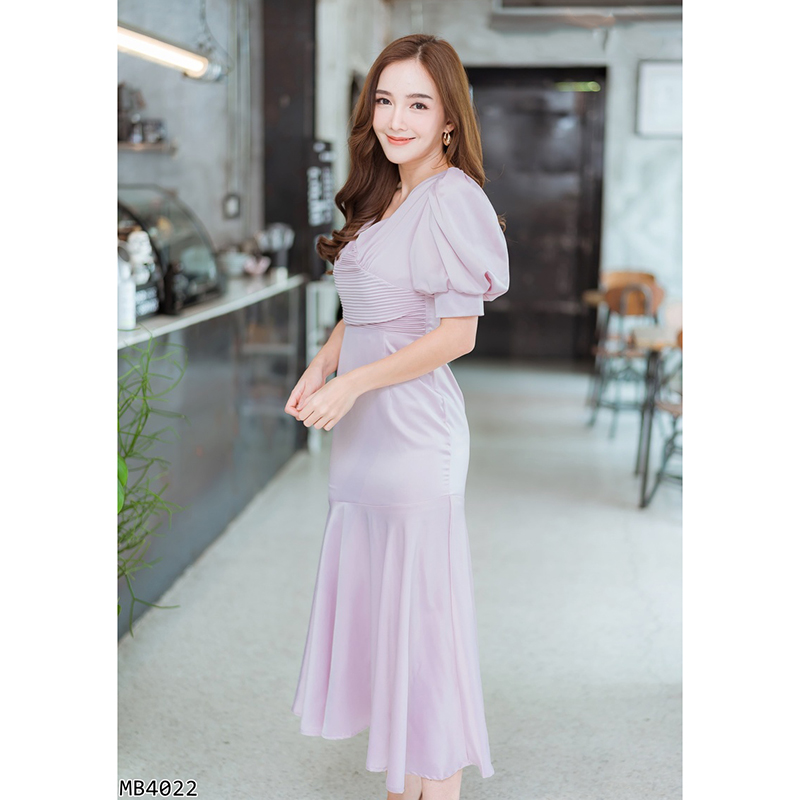 kudapy เดรสยาวสีเขียว/สีชมพู แขนตุ๊กตาคอวีผ้าใส่สบายสวยดูดี คุณหนูมากๆ