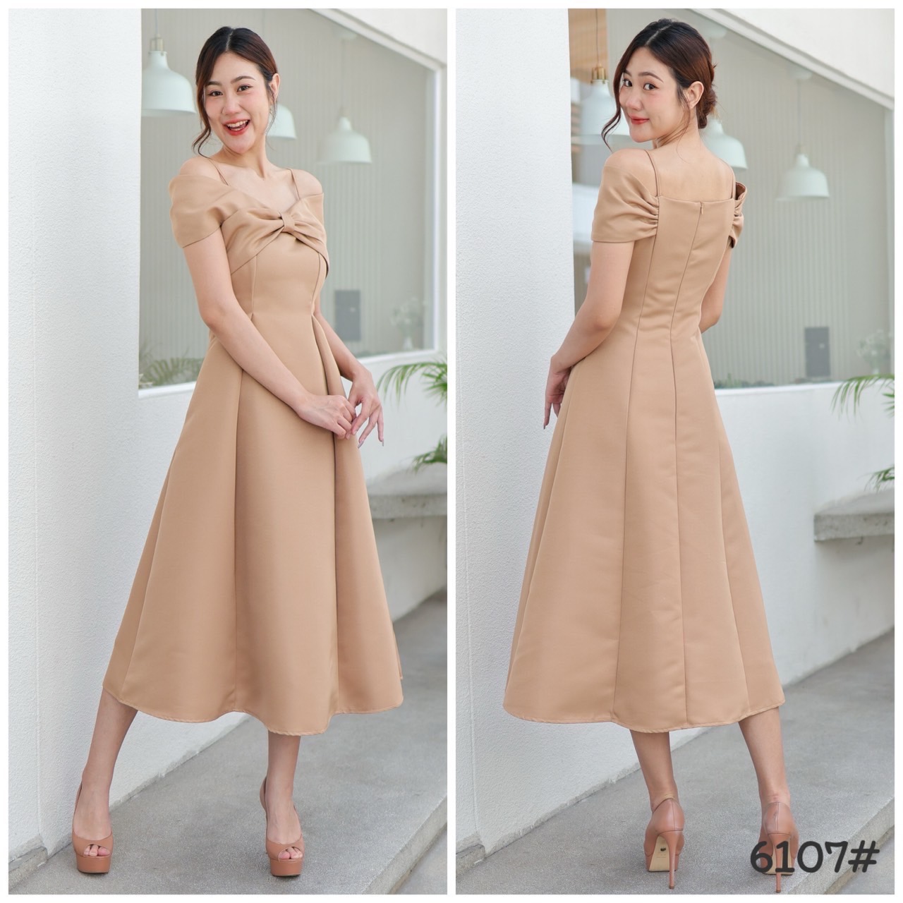 kudapy เดรสยาวสีขาว/สีชมพูพาสเทล เปิดบ่า อกโบว์ มีสายคาดบ่า คัตติ้งเริศแบบอลัง เข้ารูป เก็บทรง กระโปรงบาน