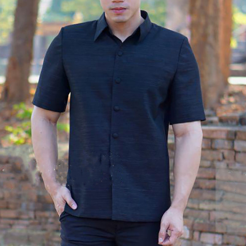 kudapy เสื้อสีดำ เสื้อซาฟารี ผ้าไทย เสื้อผ้าไทยผู้ชาย คอเชิ้ต อัดผ้ากาว มีฟองน้ำเสริมไหล่
