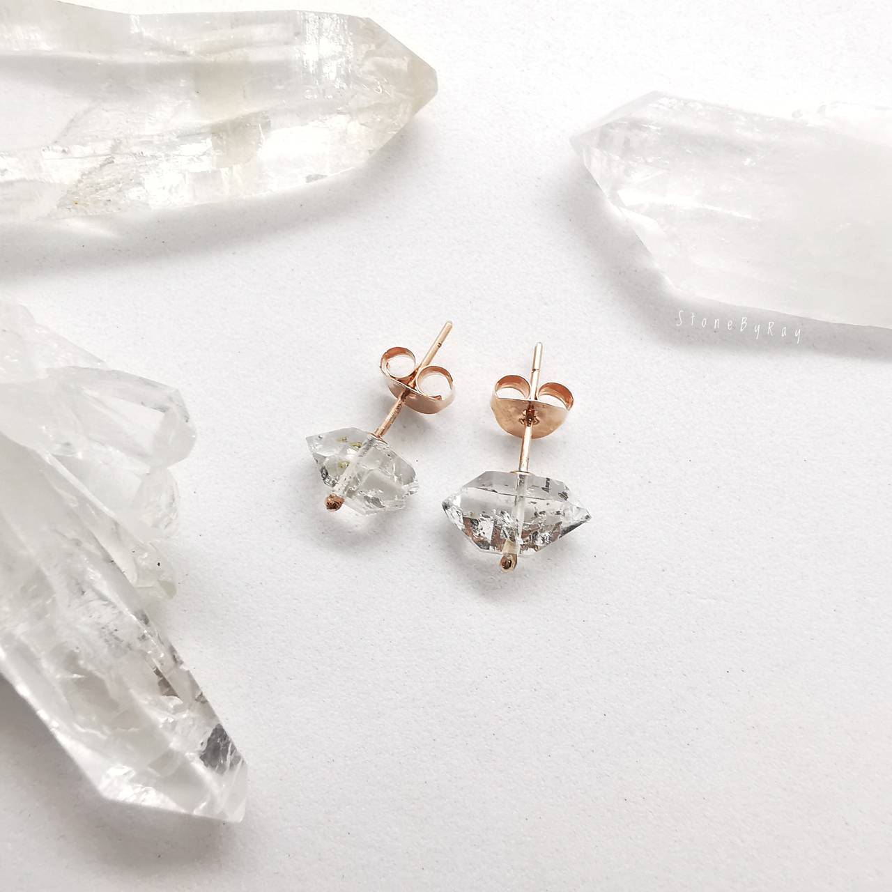 ต่างหูเงินชุบพิ้งโกลด์หินเฮอร์คิเมอร์ไดม่อน Golden Enhydro Herkimer Diamond