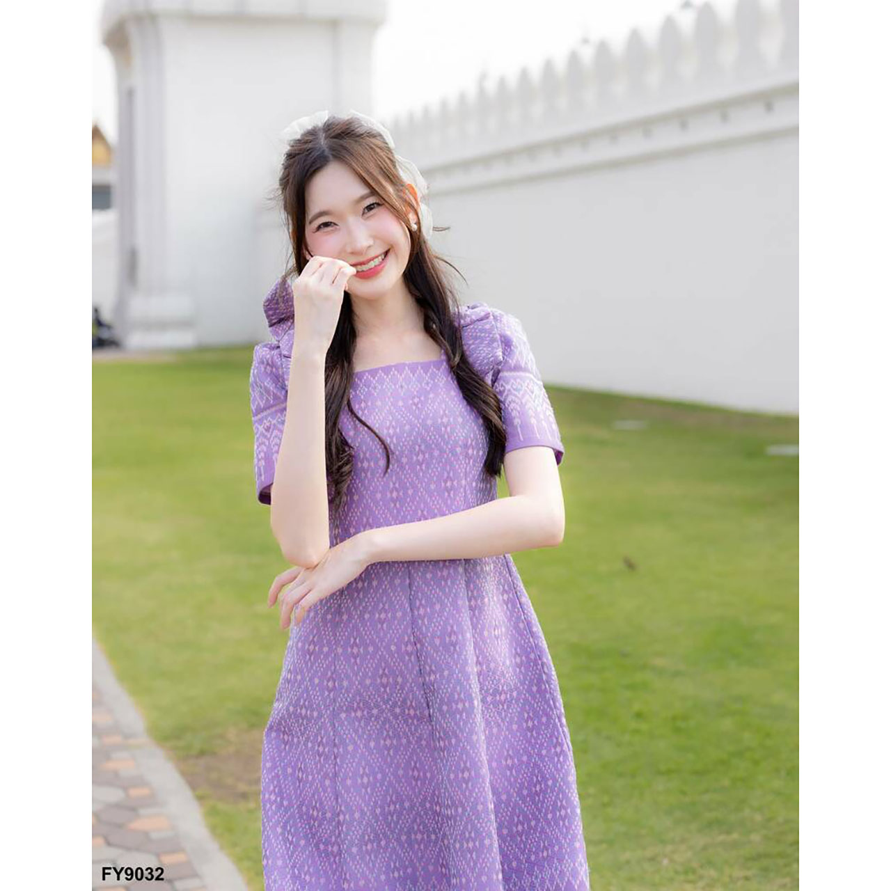 kudapy เดรสสั้นสีชมพู/สีม่วง ผ้าไทยโบว์ไหล่ทรงบาน ใส่ออกงานสวยดูดี