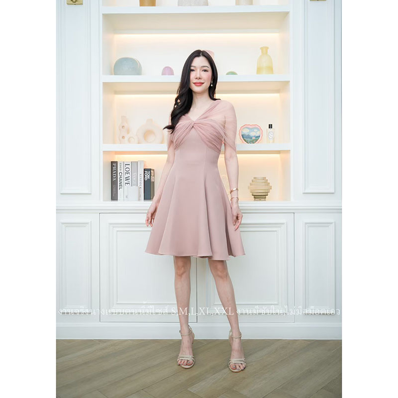 kudapy เดรสสั้นออกงานสีน้ำเงินกรมท่า/สีน้ำตาล/สีสีชมพูนู้ด ปาดไหล่แต่งผ้าซีทรู