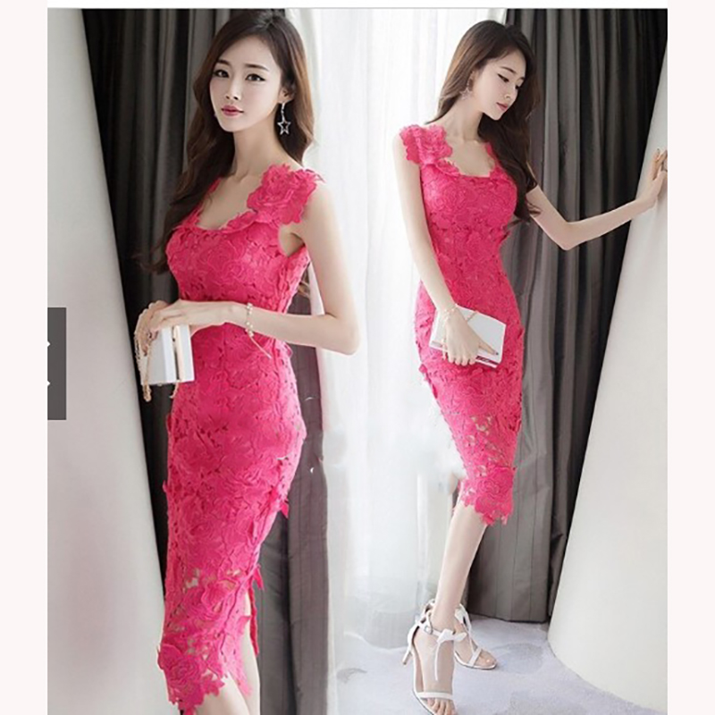 kudapy เดรสสั้นสีชมพูบานเย็น ลูกไม้ แขนกุดแต่งลูกไม้ตรงไหล่ ผ้าลูกไม้ลายดอกไม้สวยๆ ยืดหยุ่นได้เล็กน้อย ทรงเข้ารูป