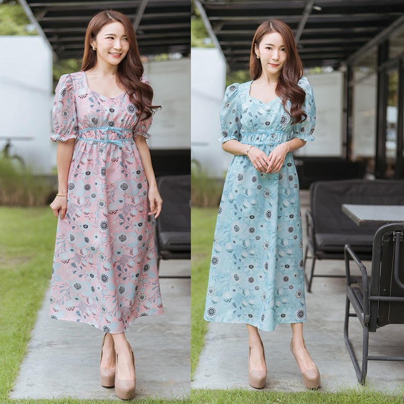 kudapy เดรสยาวสีชมพู/สีเขียว สม็อคคอวีแขนบาร์บี้สวยดูดี