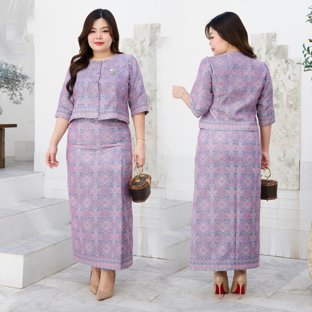 kudapy เซตออกงานสีม่วง คอกลมกระดุมหน้า แขนสามส่วน เสื้อผ้าไหม+ผ้าถุงทอลายกาฬสินทร์ ทบหน้า