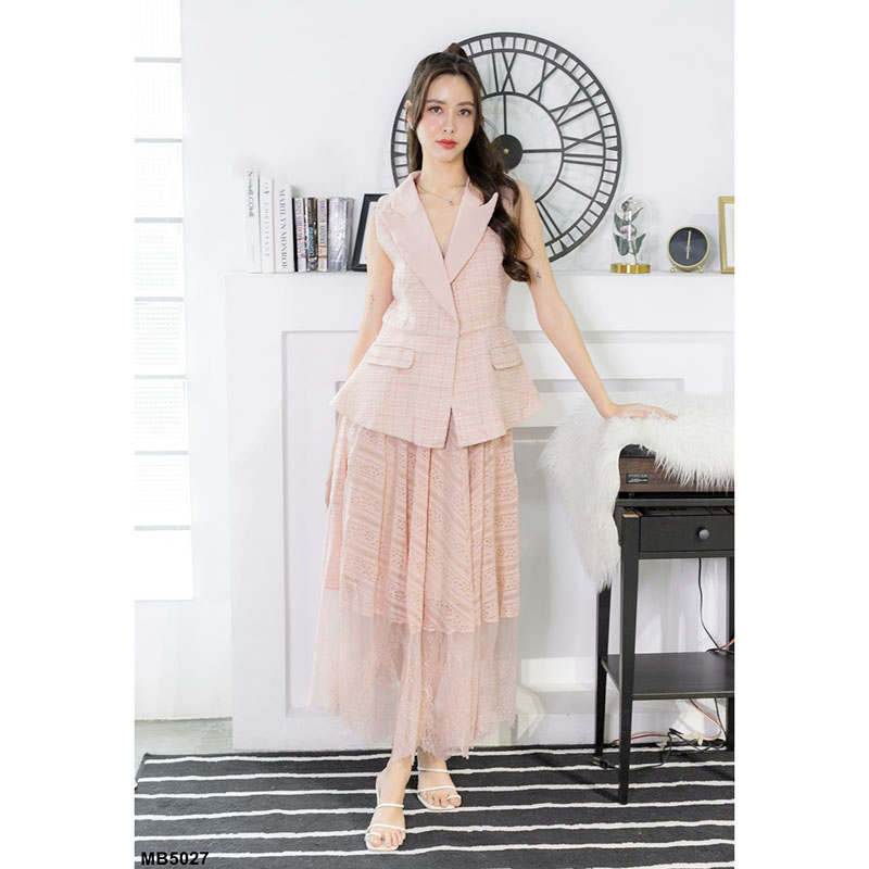 kudapy เซตเสื้อทรงสูทสีชมพู/สีขาว/สีดำ แขนกุด+กระโปรงยาวตาข่าย แต่งผ้าระบาย