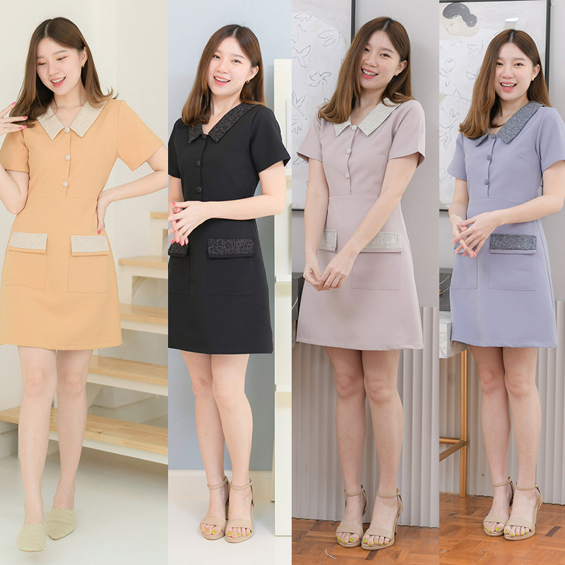 kudapy เดรสสั้นสีเทาฟ้า/สีครีมเข้ม/สีดำ/สีชมพูอ่อน คอปกแขนสั้น แต่งปกและฝากระเป๋าด้วยผ้าชาแนลโทนสีแมทช์กับชุด
