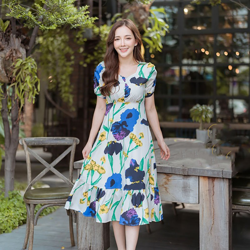 kudapy เดรสั้นสั้นพิมพ์ลายดอกสีกรม,สีแดง แต่งหางปลาลายมะนาวใส่สบายสวยดูดี