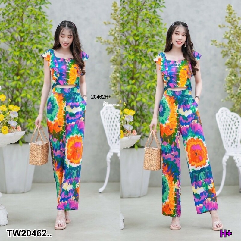 kudapy set 2 ชิ้น เสื้อครอปมัดย้อมแขนระบาย + กางเกงขายาว จะใส่เที่ยวใส่ชิลล์ ใส่ไปทะเล ก้สวยชิลล์